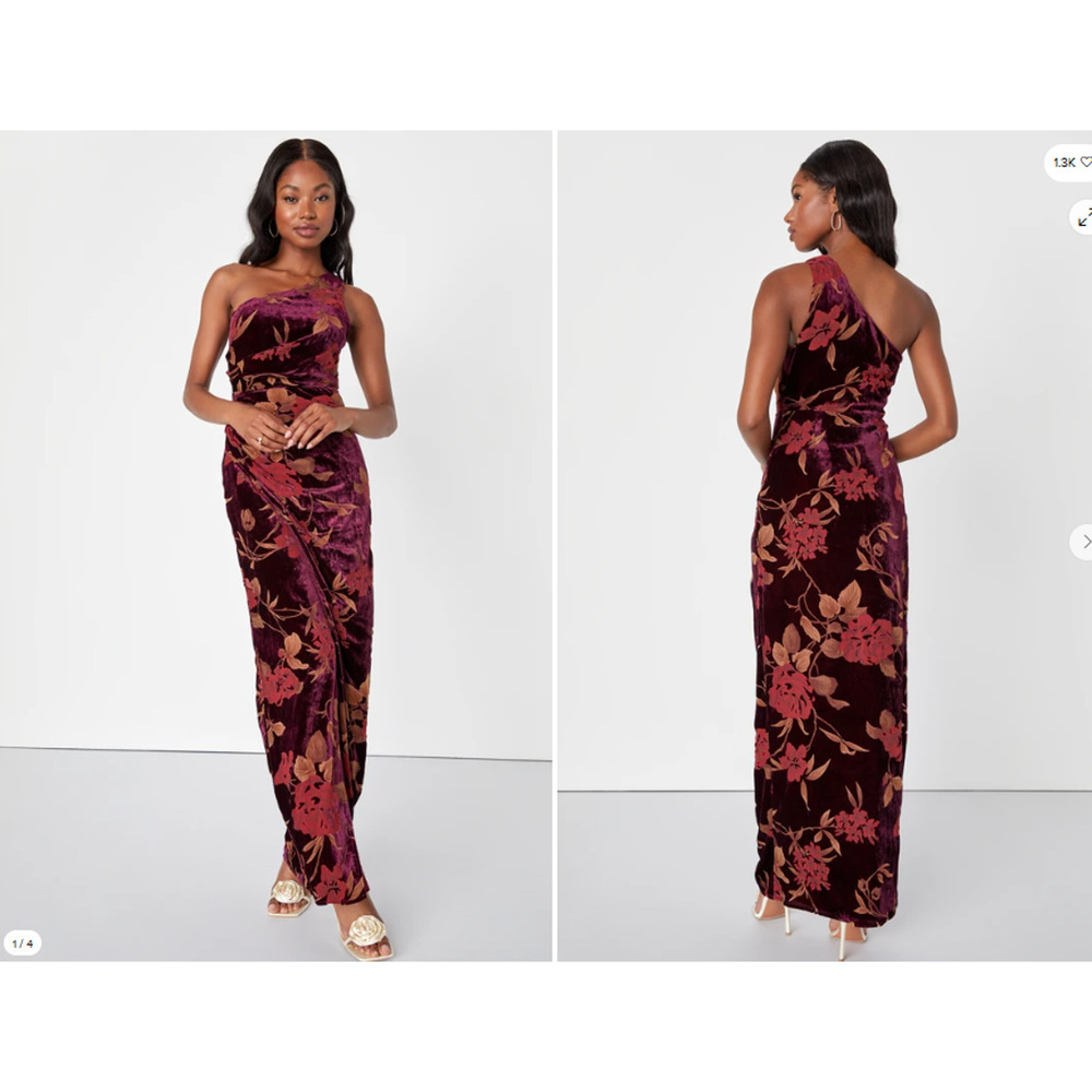 Lulu's Burgundy Floral Velvet One-Shoulder Maxi Dress